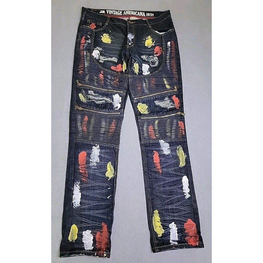 Vtg Americana Moto Jeans Mens 38x34 Dark Blue Paint Stretch‎ Distressed Thrashed